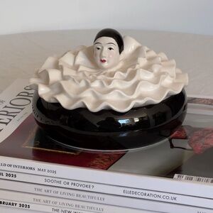 Vintage Ceramic Pierrot Mime Harlequin Lidded Trinket Dish Porcelain